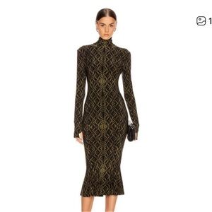 Norma Kamali Black and Gold High-Neck Long-Sleeve Midi Dress